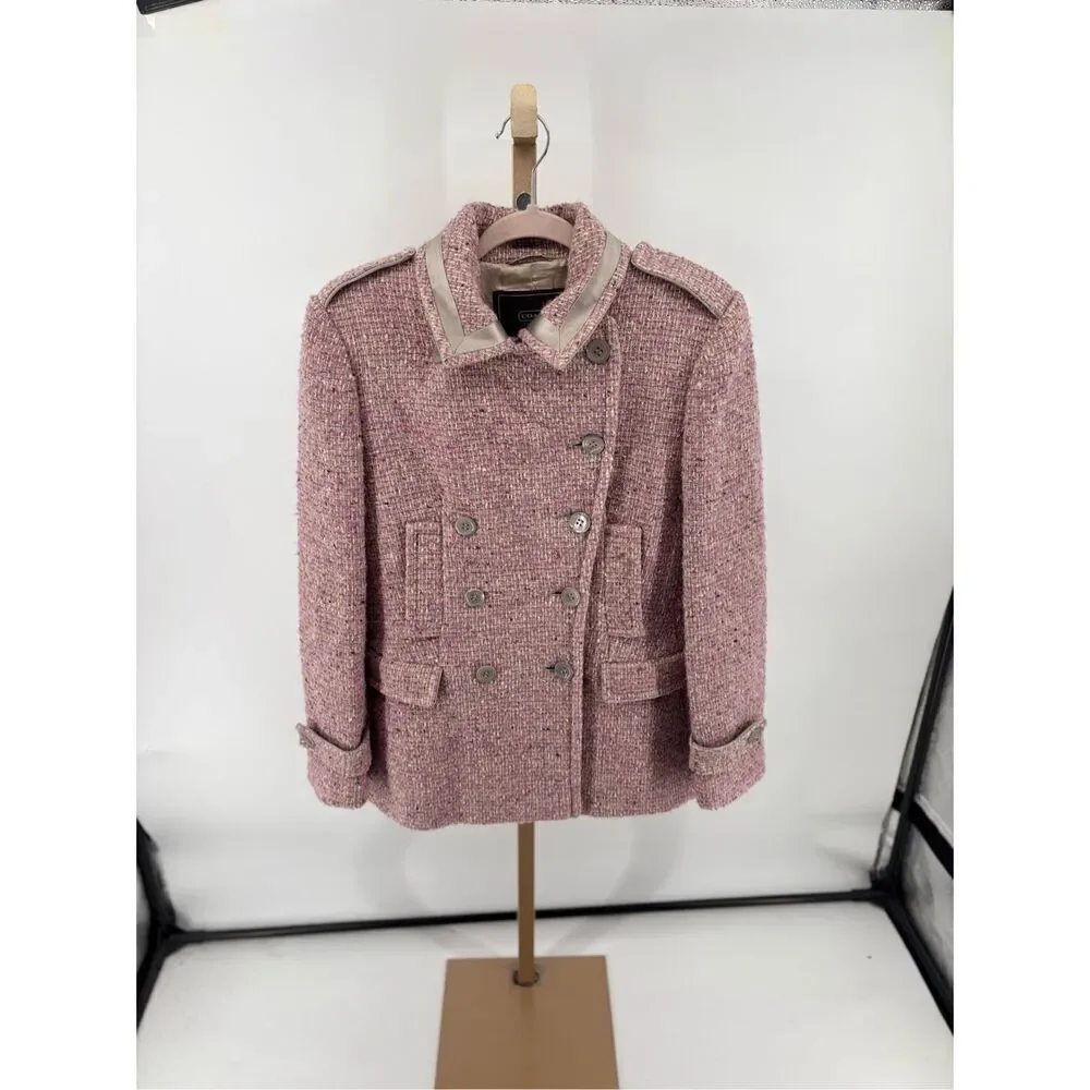 Coach Signature Pink Bouclé Wool Mohair Blend Double Breasted Coat Size 10